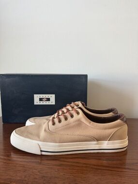 Joseph Abboud Men’s Tan Canvas Low-Top Sneakers with Brown Trim